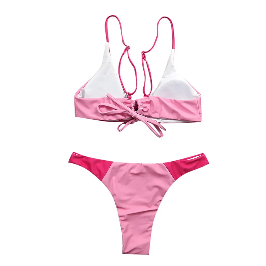 

Womens Swimsuits Biquini Bath Beachwear Pink Girls Splicing Push Up High Cut Hight Waist Halter Bikini Set Two Piece Swimsuit