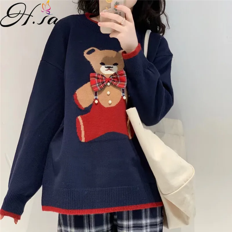 

Hsa зимние свитера для женщин, милый свитер с рисунком медведя для женщин, осень 2021, новый корейский стиль, милый студенческий стиль, стильный ...