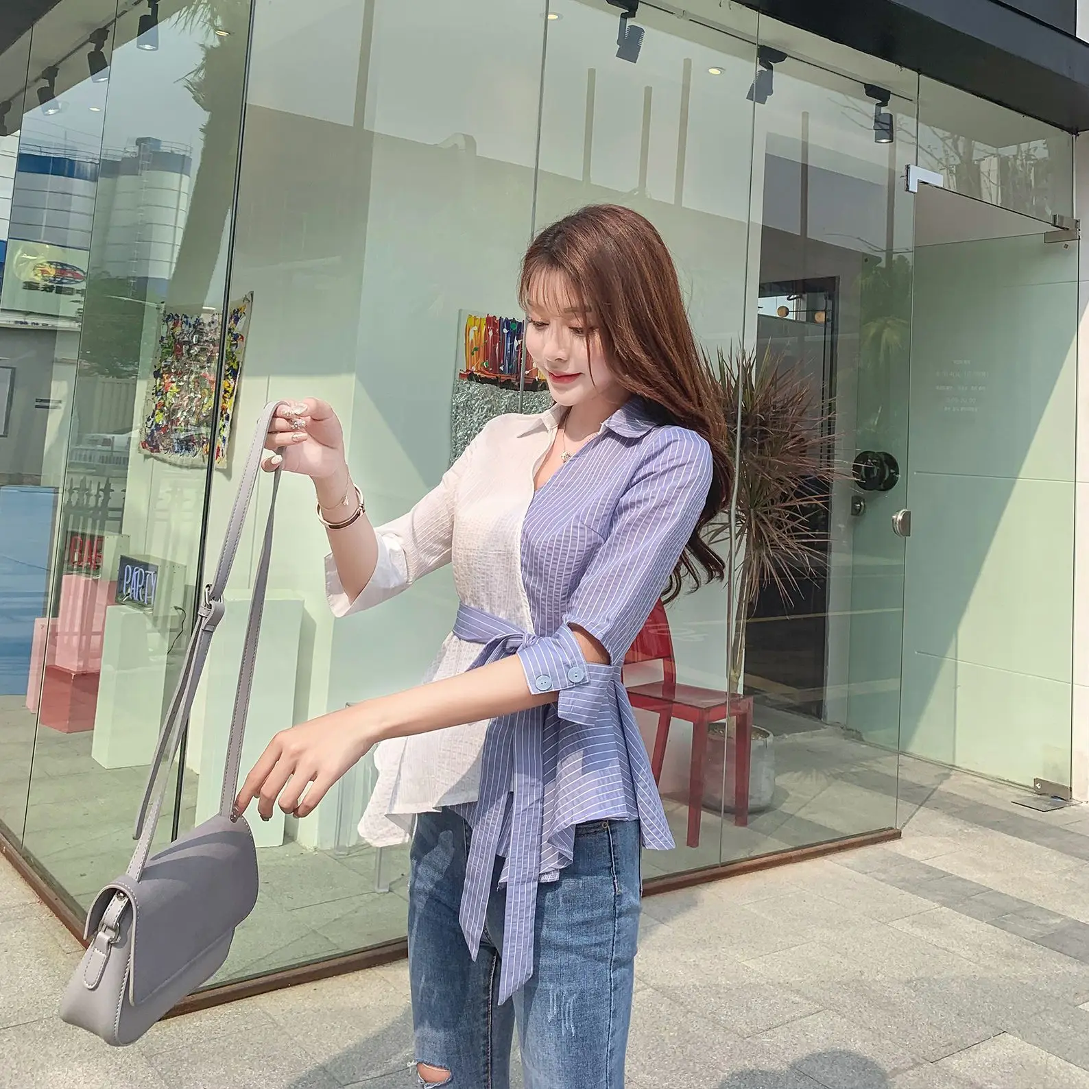 Повседневная Лоскутная рубашка COIGARSAM женские топы летние милые полосатые