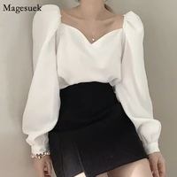 korean chic puff sleeve loose white sexy blouses woman square collar ladies office womens shirt casual spring solid tops 13528