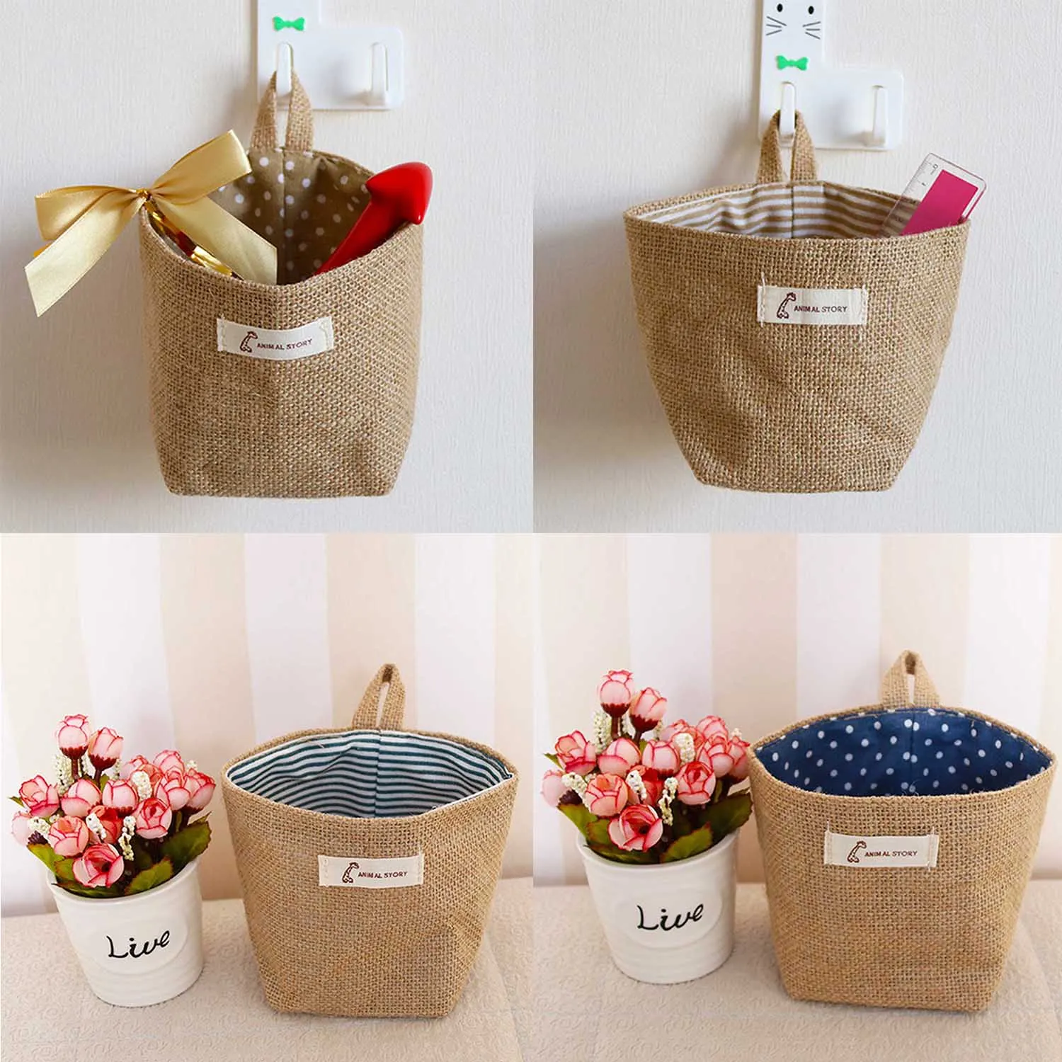 Настенная подвесная хлопковая льняная мини сумка для хранения корзина