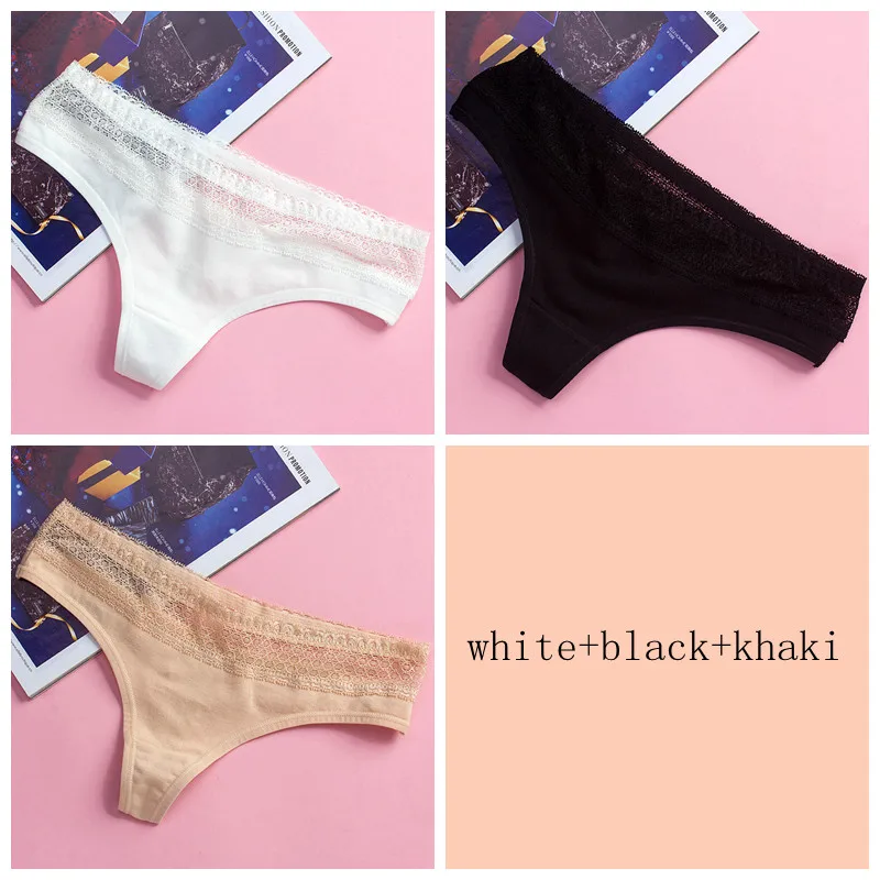 black khaki white 3 шт./лот, женские хлопковые трусики, с вырезами, с кружевной талией, хлопок, g-стринги, щипцы, сексуальные танга, нижнее белье, дамское нижнее белье, штаны - Цвет: black khaki white