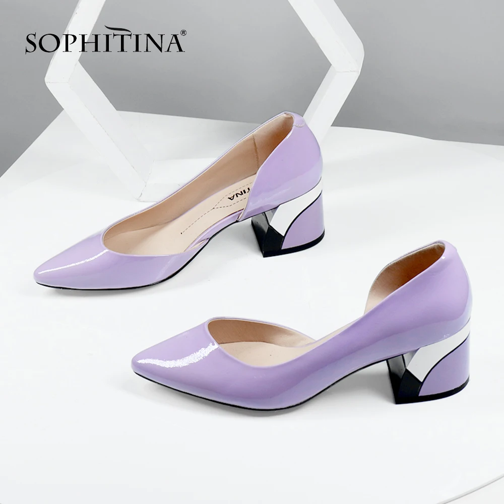 SOPHITINA/Новинки 2019г. Удобная летняя обувь с открытым боком на дизайнерском трехцветном каблуке. Женские летние туфли из лакированной кожи модного цвета, подкладка из свиной кожи. Босоножки с заостренным носкомSC163