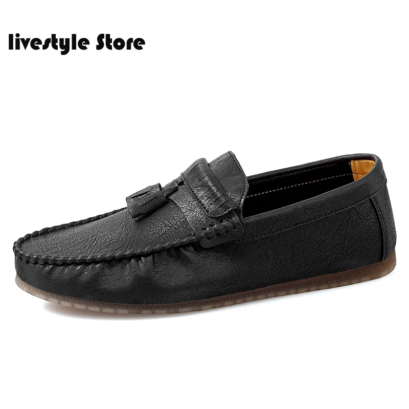 

2021 Men Leather Loafers Shoes Tassel Design Business Shoes Men Flats Big Size 47 Simple Slip On Male Mans Casual Footwear