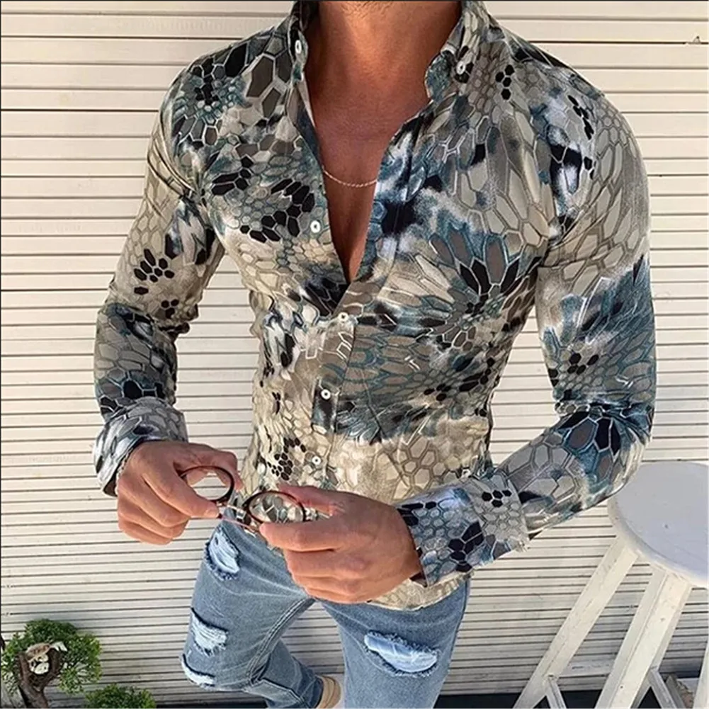 

Мужская Повседневная рубашка на пуговицах, деловая Облегающая рубашка с длинными рукавами и цветочным принтом для отдыха, осень