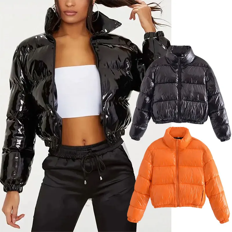 

Женская осенне-зимняя модная Яркая кожаная парка Za, черное пикантное пуховое пальто с длинным рукавом и карманами, шикарная Женская куртка, ...