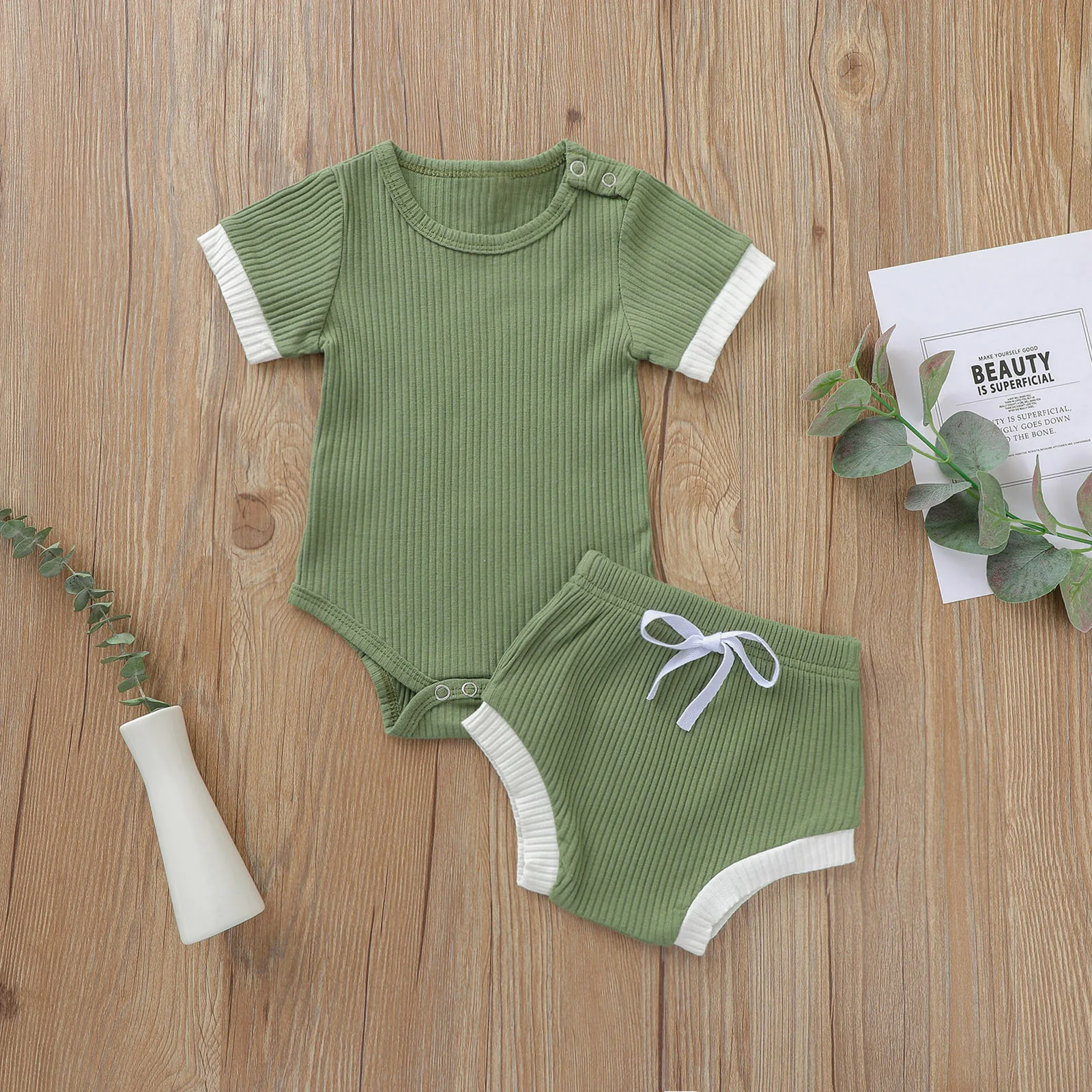 

Baby Boby Boys Girls Casual Suit Round Neck Short Sleeve Stitching Color Romper Bow Loose Elastic Shorts