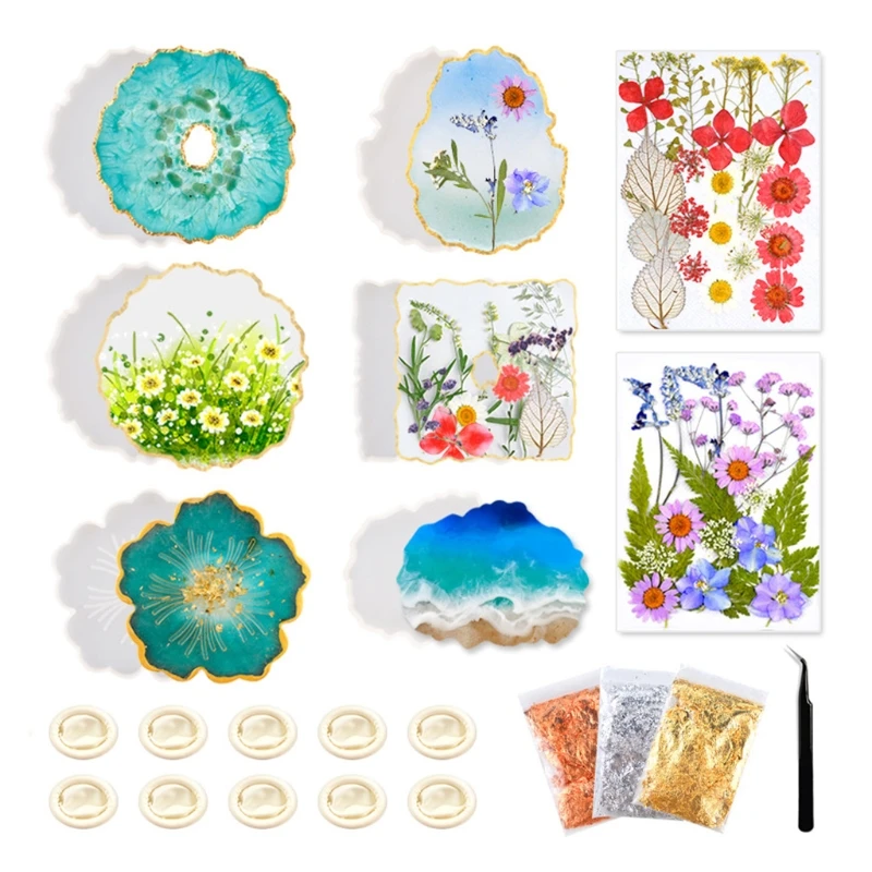 

6Pcs Silicone Irregular Coaster Epoxy Resin Molds with Foil Flakes Dried Flowers Tweezers Finger Sleeve Cup Holder Mat Mould DIY