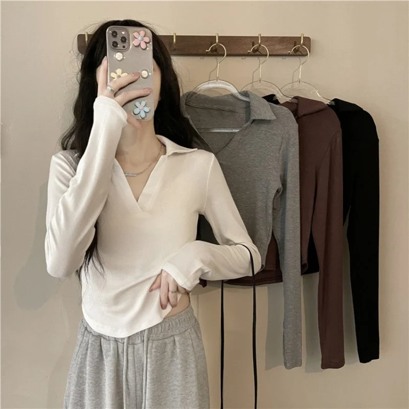 

White Polo Neck T-shirt Women's Early Autumn 2021 New Long Sleeve Bottoming Shirt Sweet And Spicy Slim Short Top