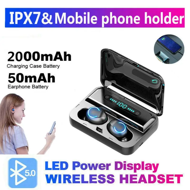 Беспроводные наушники Bluetooth V5.0 F9 TWS светодиодный дисплей внешний аккумулятор 2000