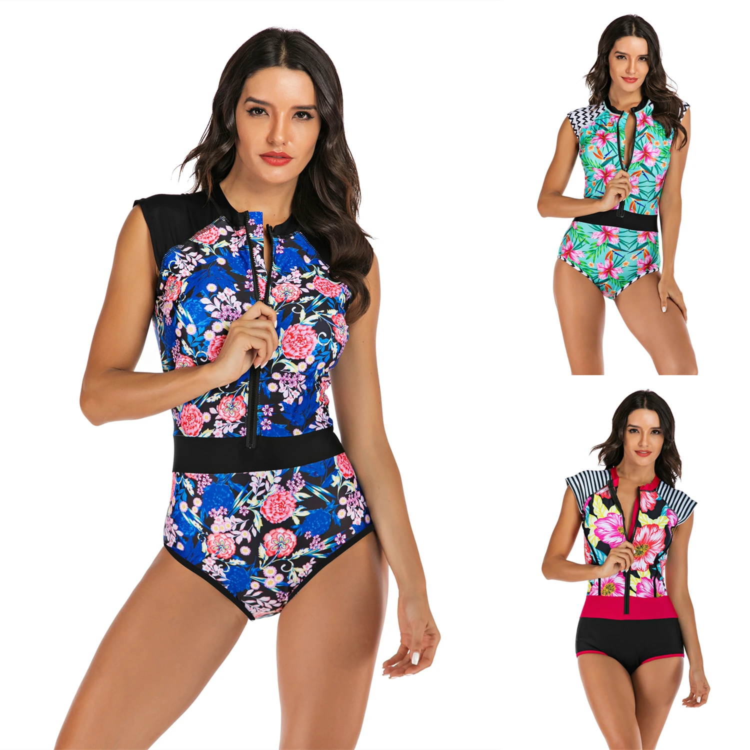Женский слитный купальник без рукавов на молнии с цветочным принтом одежда для