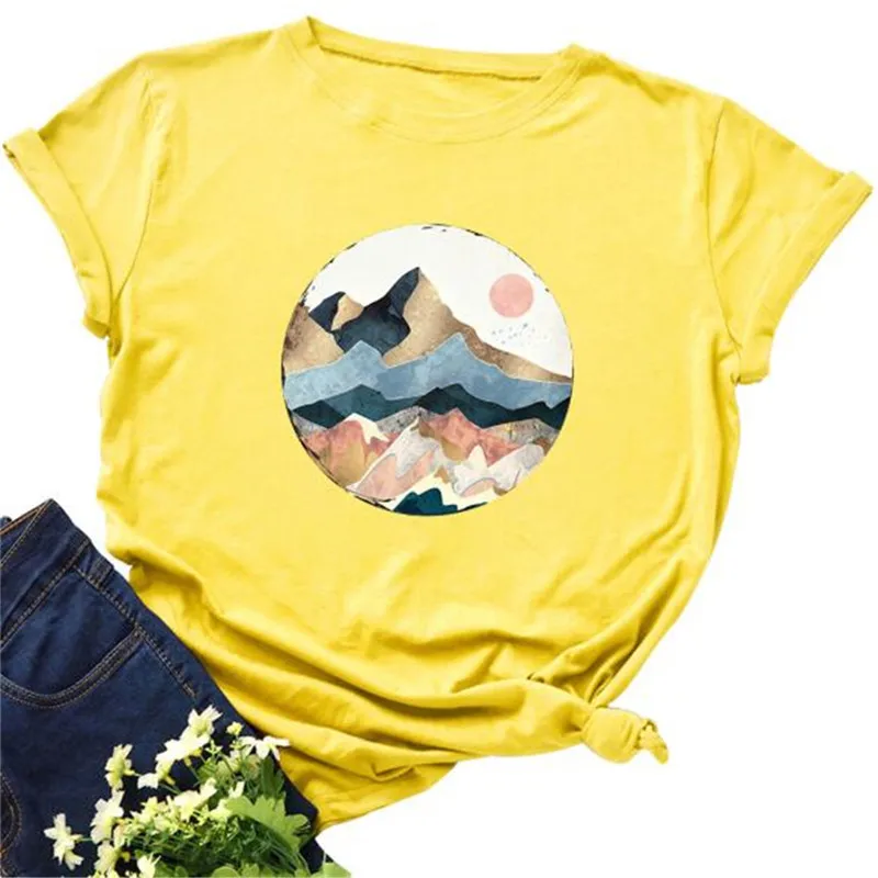 

Women Summer Short Sleeve 100% Cotton T shirt Plus Size S-5XL Oversize Mountain Graphic Print Casual T-shirt O Neck Lady Tee Top
