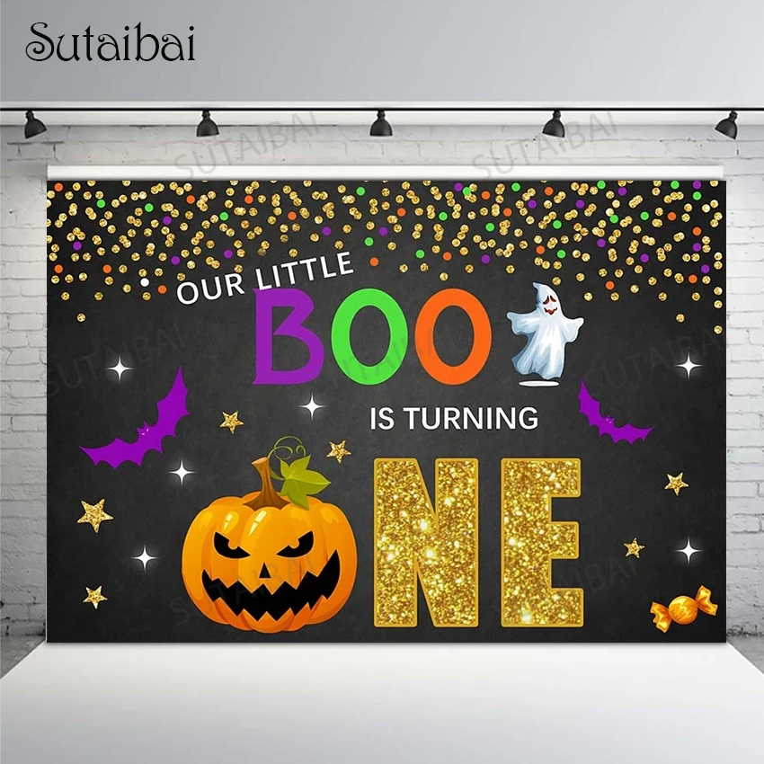 

Happy Halloween Backdrop Photography Ghost Pumpkin Lantern Bat Golden Candy Stars Photo Background Poster Photo Booth Banner
