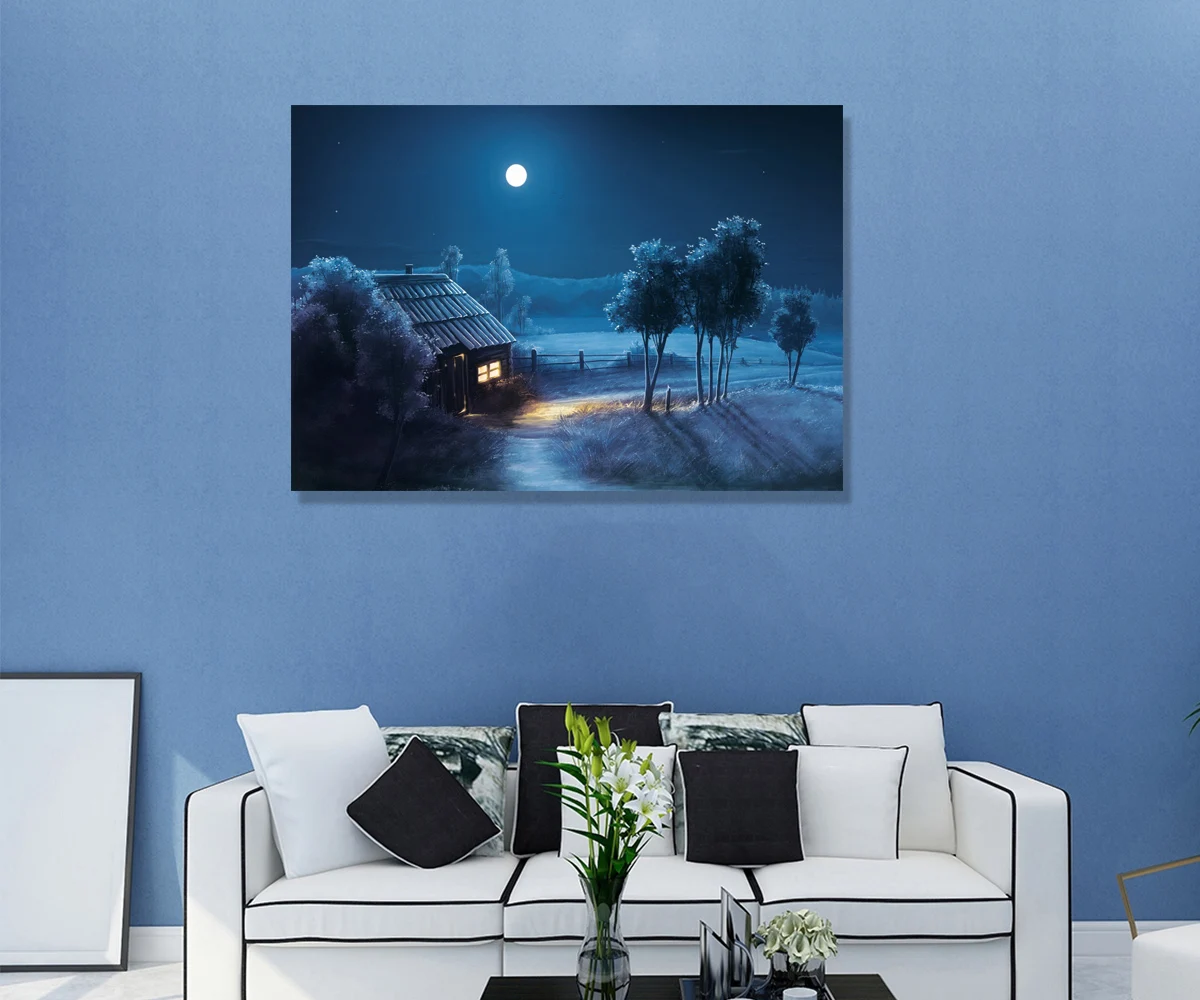 

Small House and Tree Painting Framed LED Induction Light Painting Wall Pictures for Living Room Canvas Wall Art Pictures