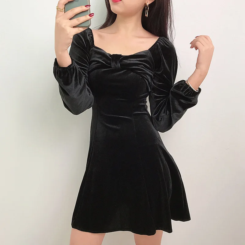 Новое корейское дамское приталенное бархатное платье трапециевидной формы с