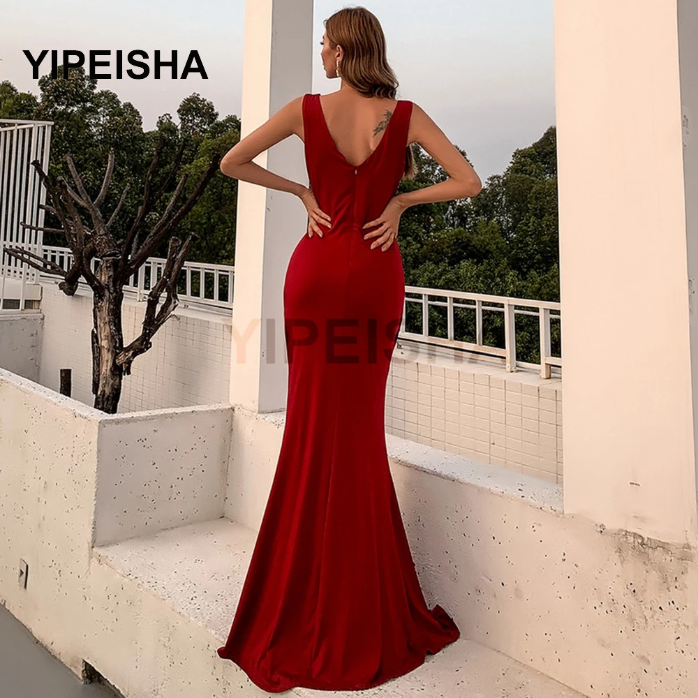 

Simple Spaghetti Strap V-Neck Sleeveless Evening Dress Backless Front High Split A-Line Party Gown robe de soire de mariage