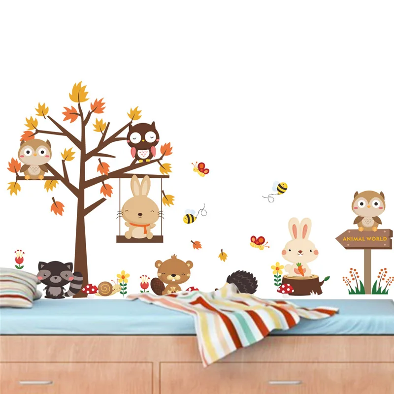 Лес Сова бабочка качели кролик белка наклейки на стену животное Дерево для