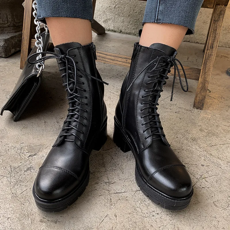 

FEDONAS Vintage Lace Up Genuine Leather Ladies Boots Side Zipper Round Toe High Heels Pumps 2020 Winter Casual Party Shoes Woman