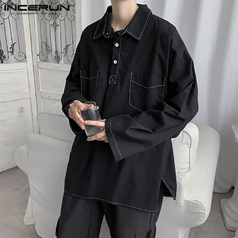 

Long Sleeve Solid Color Blouse INCERUN Men Shirts Vintage Patchwrok Lapel Camisa Spring Man Multi Pockets Blusas Streetwear 5XL