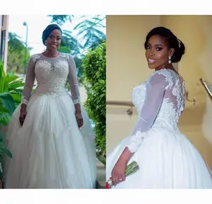 Long Sleeve Lace African Wedding Dresses Elegant Beaded Applique Bridal Dress Puffy Arabic Wedding Gowns Custom Vestidos de 2022
