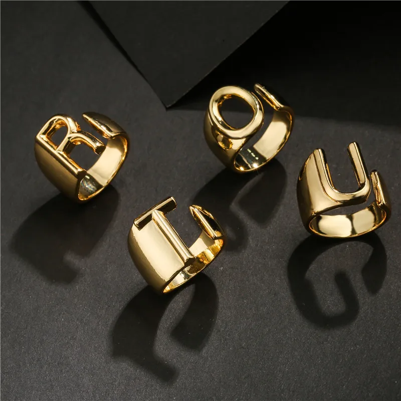 

KunJoe Hollow A-Z Letter Gold Color Metal Opening Ring for Men Women Initials Name Alphabet Female Trendy Jewelry Finger Ring