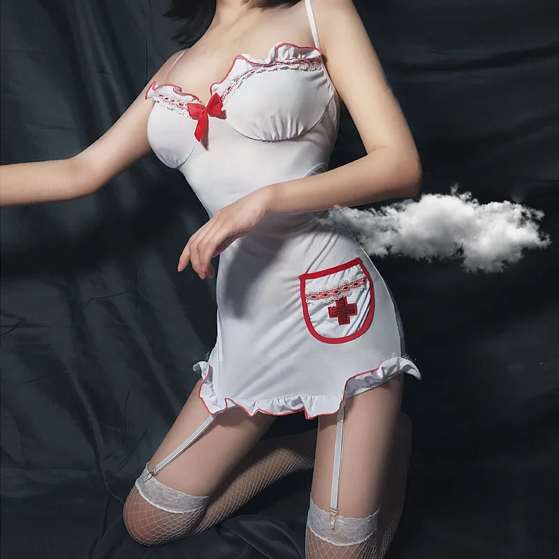 

White Sexy Catsuit Nurse Cosplay Bodysuits Sex Binding Three-point Porno Naughty Lingerie Teddy Hot Erotic Nurse Uniform ES06