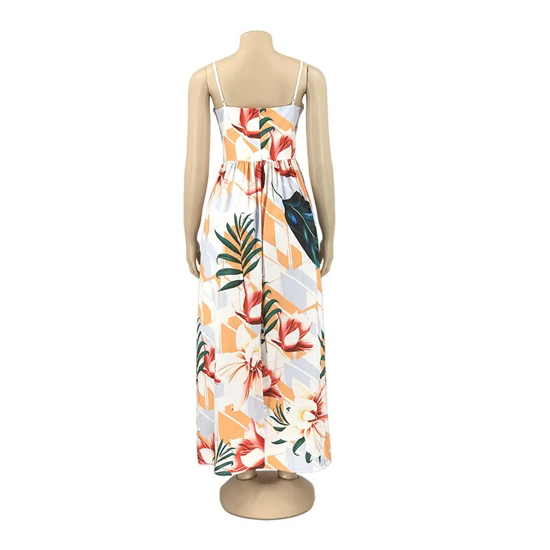 

Fashion Beach Dresses Sleeveless Sexy Sling Summer Maxi Dress Print Backless Casual Loose Clothes Long Sundresses New Design