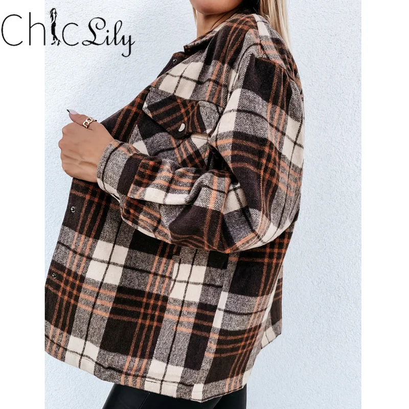 

Chiclily Ins Loose Retro Plaid Long Sleeve Jacket Autumn Winter Casual Coat Women Lapel Collar Outerwear Chic Tops Oversized