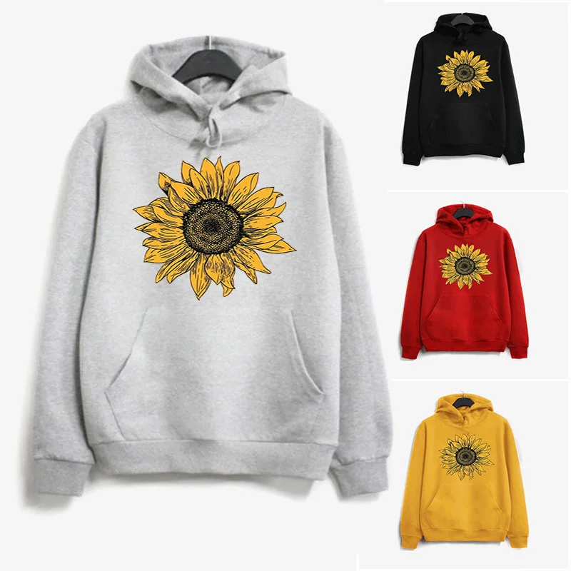

Blooming Sunflower Printed Hoodies Women Fleece Long Sleeve Loose Sweatshirt with Hat Girls Women Hoodie Pullovers Winter