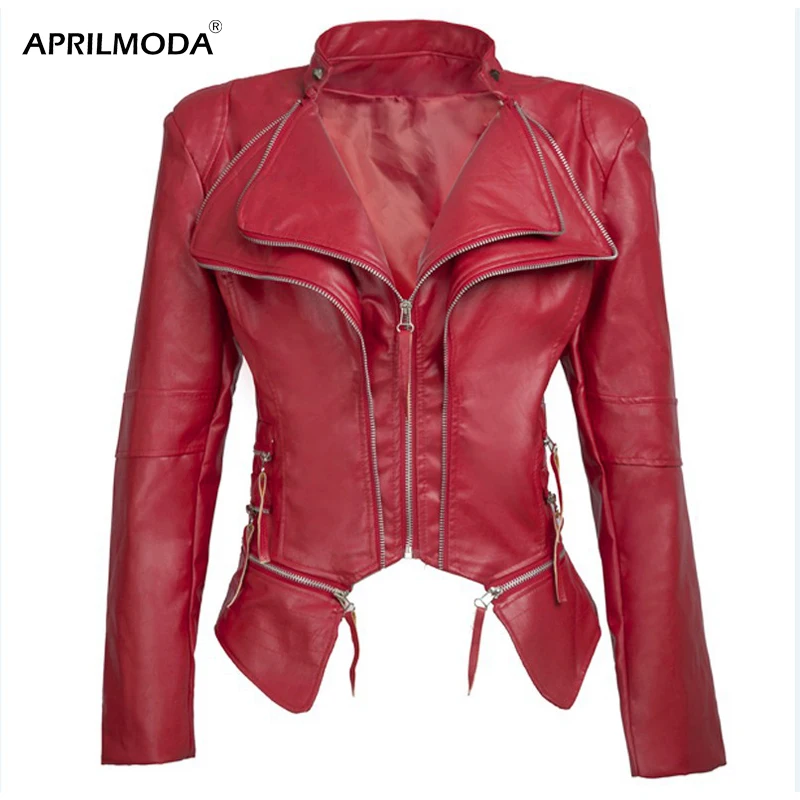 Женская короткая куртка из ПУ кожи с длинным рукавом на молнии|Кожаные куртки| |