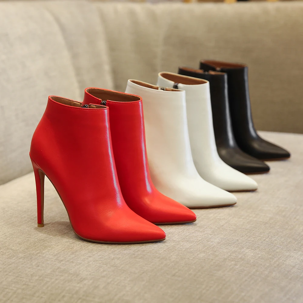 

Super High Stiletto Pointed Simple Red Chelsea Boots Yellow Stone Texture Metal Zipper Short Plush Ankle Boots