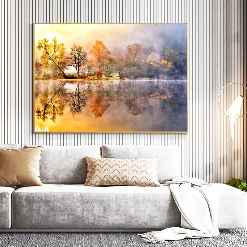 

Abstract Landscape Canvas Painting On The Wall Posters And Prints Tree by the Lake Wall Art Decorative Picture For Living Room
