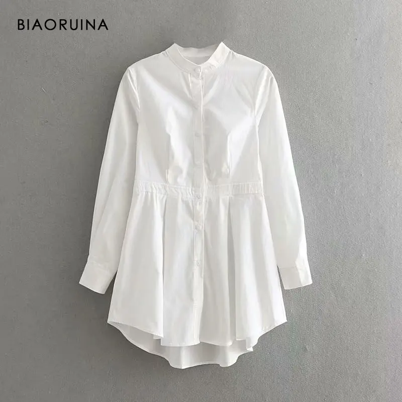 

BIAORUINA женское однобортное белое модное платье-рубашка с высокой талией с воротником-стойкой женское повседневное весеннее платье с длинным...