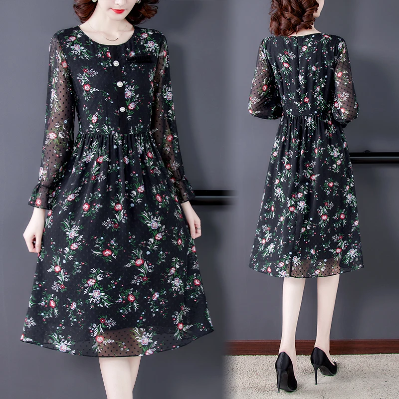 

Женское шифоновое платье-миди с длинным рукавом, с принтом