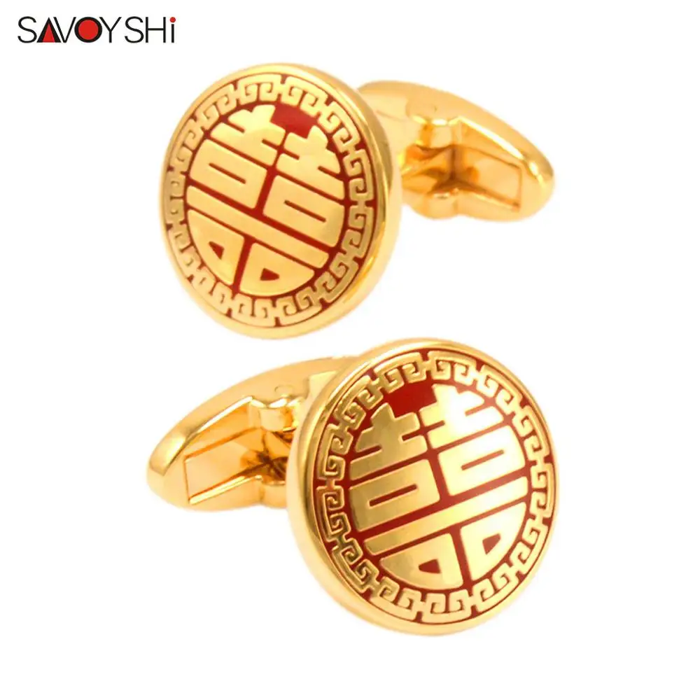 Золотые запонки SAVOYSHI для мужской рубашки красные эмалированные жениха свадебный