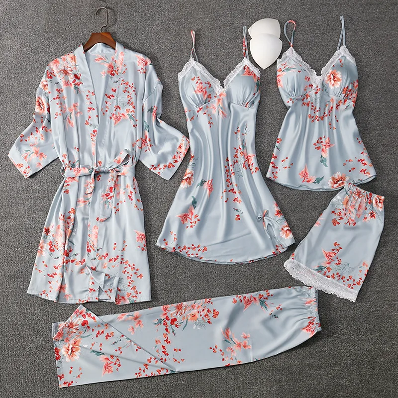 

Кимоно в винтажном стиле, 5 шт., халат, пижамный комплект, женское сексуальное нижнее белье, пижама, женская атласная шелковая ночная одежда, ...