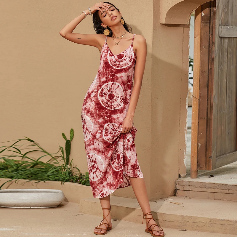 

Indigo tie-dye print drawstring Pencil dress Women Red Bodice Bohemia midi-dress Party Sexy Adjustable strap Sleeveless Sundress