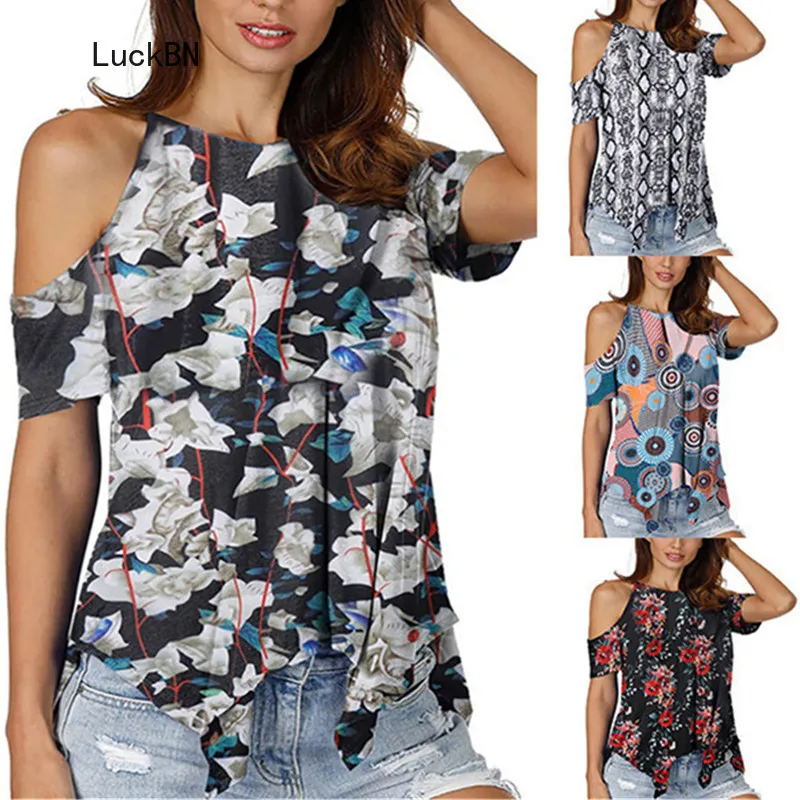 

2021 Women Summer Floral Print T Shirt Casual O-Neck Off Shoulder Short Sleeve Tee Streetwear T Shirts Female Snake Pattern Tops