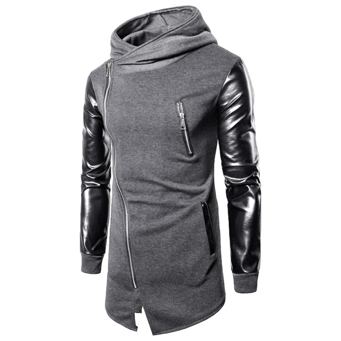 MJARTORIA 2020 New Mens Casual Hoodie Jackets Pu Leather Patchwork Motorcycle Long Outwear Coat Zipper Irregular Rock Coats | Мужская