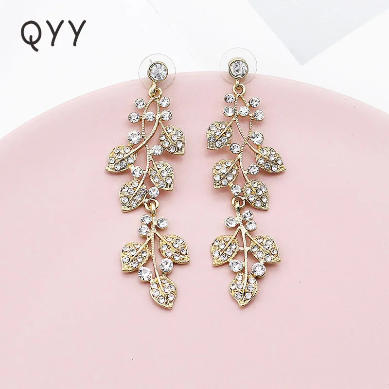 QYY Bridal Beautiful Leaf Design Long Earrings Shining Evening Party Earring For Women Wedding Jewelry | Украшения и аксессуары