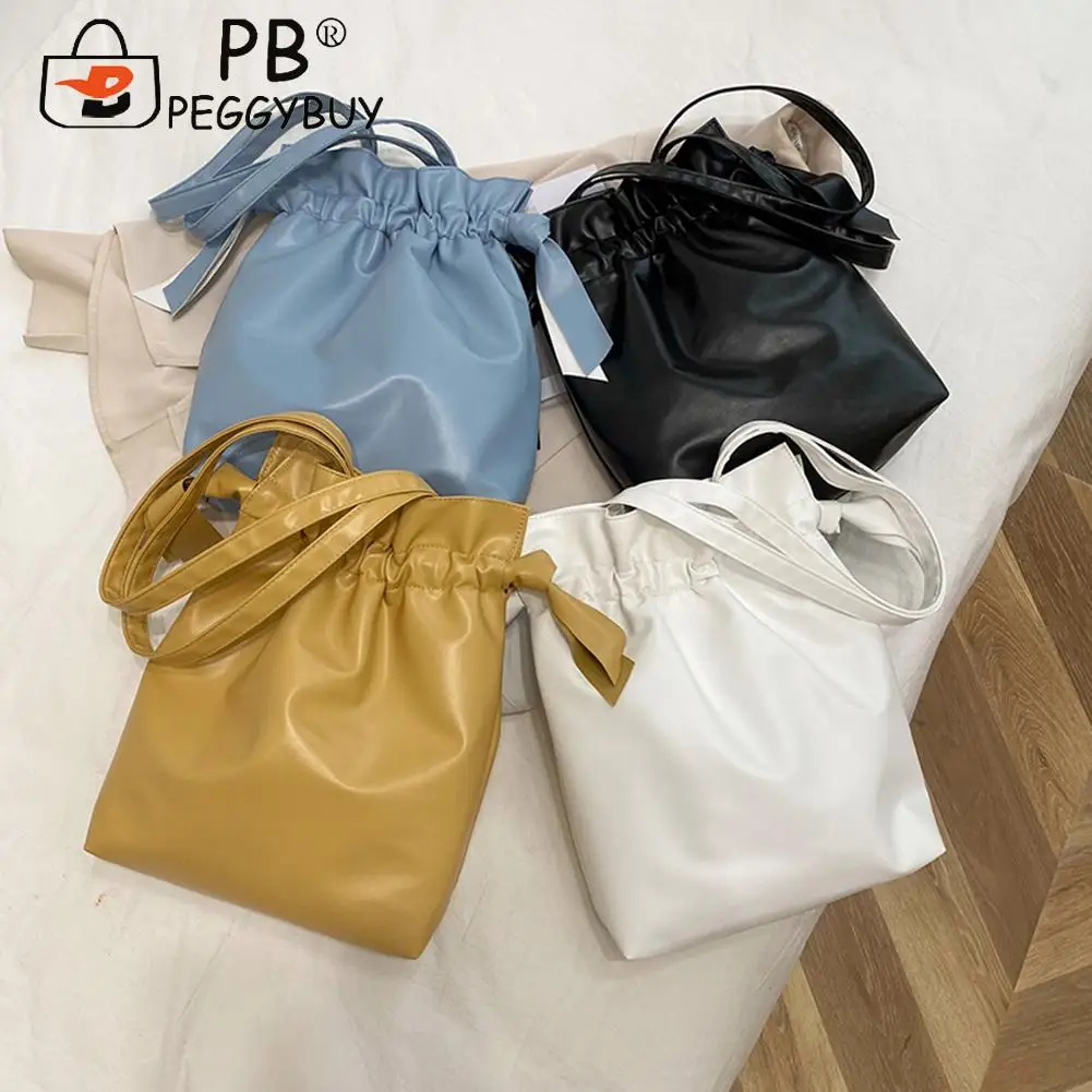 

Vintage Women Pure Color PU Leather Shoulder Underarm Bucket Bag Casual Drawstring Pleated Large Capacity Shopping Handbags