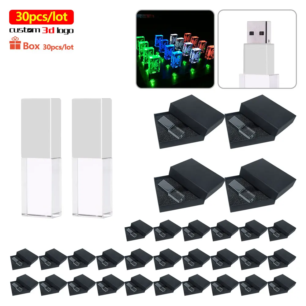 

30pcs/lot crystal Free logo penderiver usb 2.0 4GB 8GB 16GB 32GB 64GB usb flash drives with LED glass For photography gift