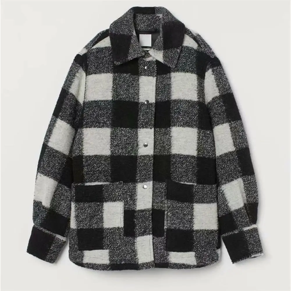 

HM women's new fall 2020 polo long sleeve black and white plaid blended soft tweed Pocket Shirt coat 0787160