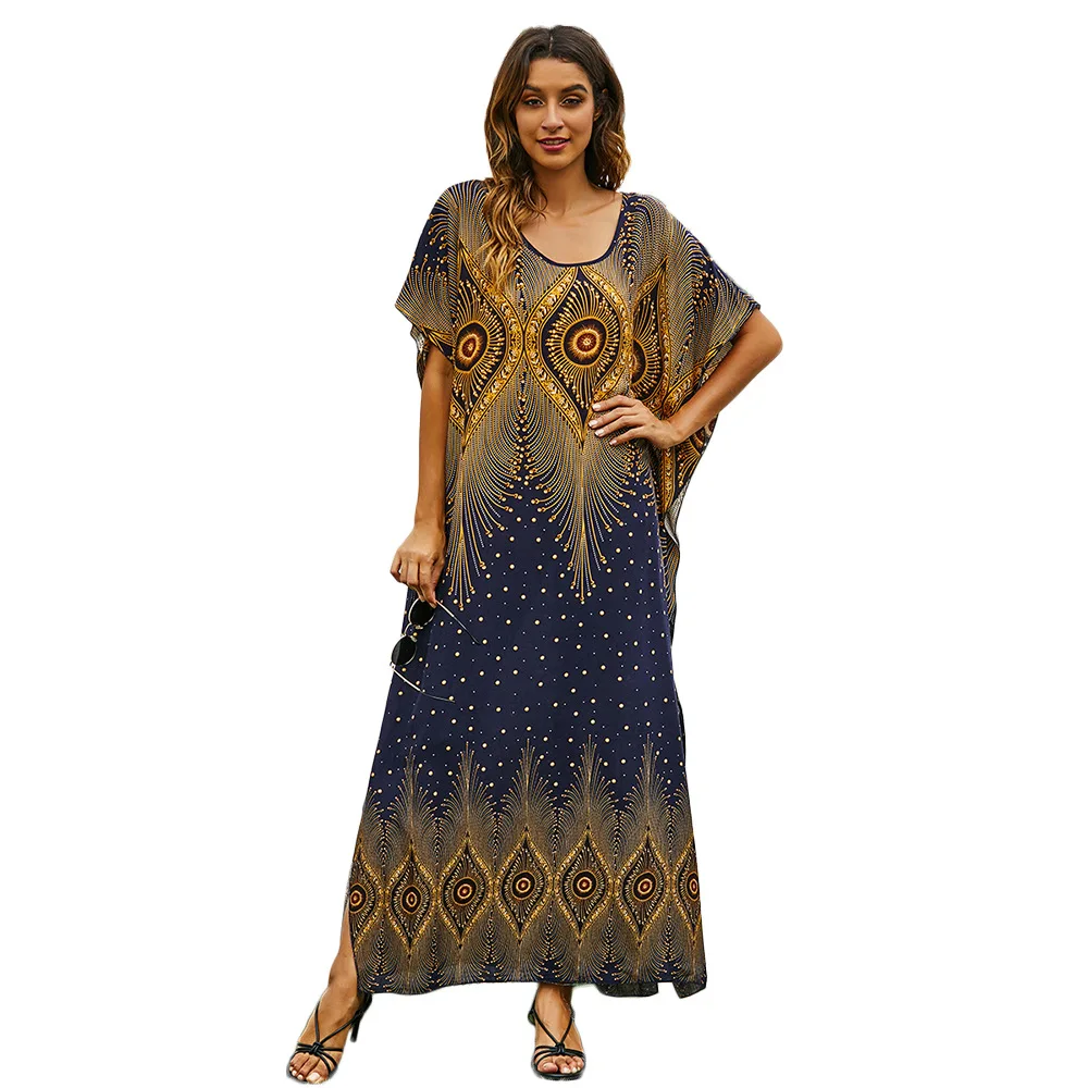 

Spring/summer 2021 cross-border new Middle East loose robe, European and American holiday printed dress Amazon large size dress