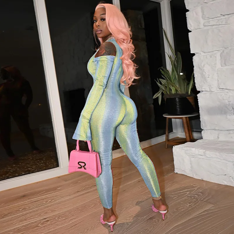 Женский комбинезон с открытыми плечами элегантный Облегающий в полоску