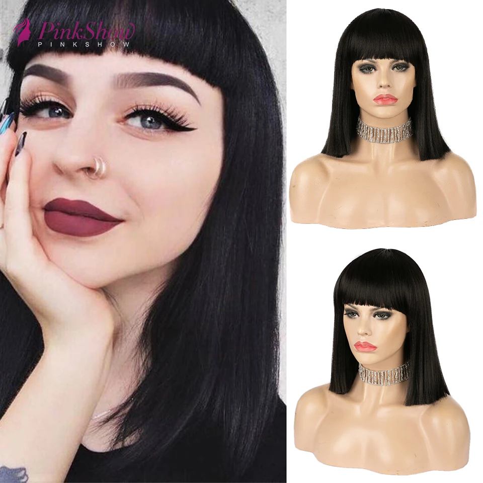 Парик Pinkshow короткий Боб черные синтетические парики с челкой прямые волосы