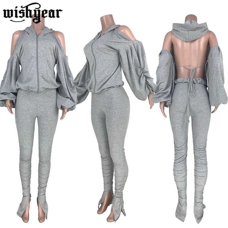 

Women's Set Long Sleeve Cold Shoulder Hooded Open Back Sweatshirts and Pleated Split Pants 2 Pieces Set For Woman Clothes