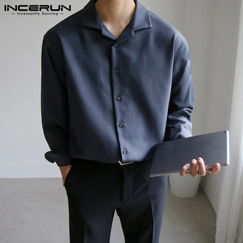

Fashion Men Shirt Long Sleeve Turn Down Collar Button Chic Casual Camisas 2021 Solid Color Streetwear Mens Brand Shirts INCERUN