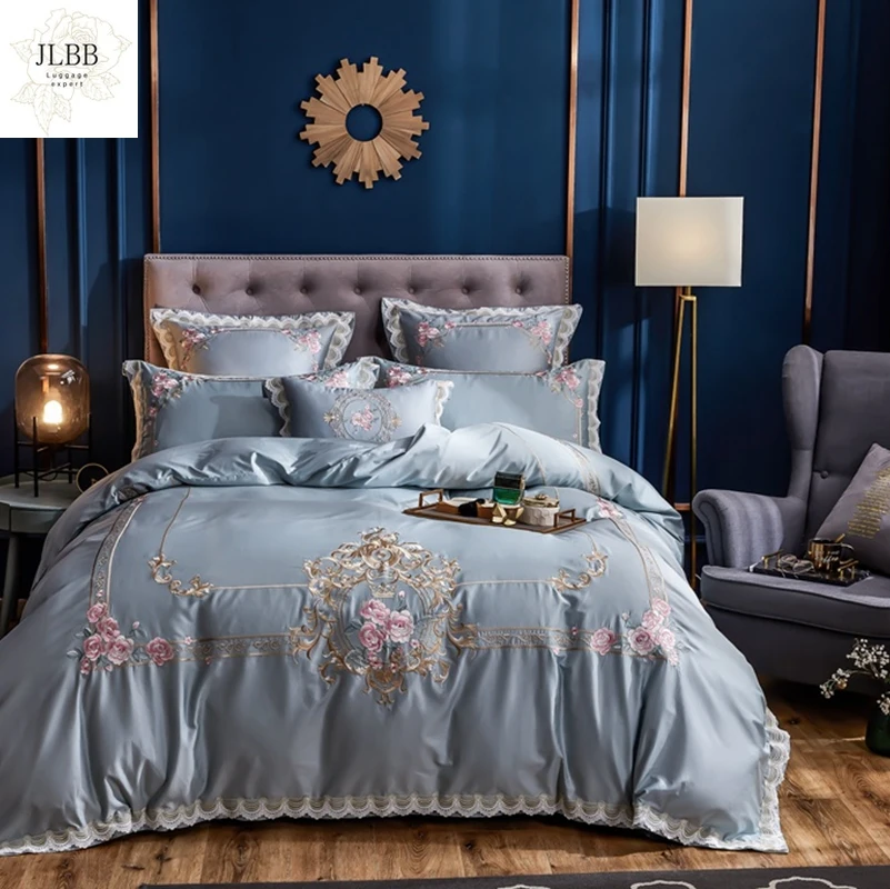 

Роскошный комплект постельного белья в стиле ретро 1000TC из египетского хлопка с цветочной вышивкой кружевной двойной комплект пододеяльник...