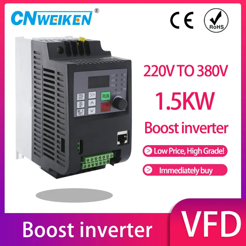 

CNC spindle motor speed control 220v to 380v 1.5kw VFD Variable Frequency Drive Inverter 1HP Input 3HP Output for cnc driver